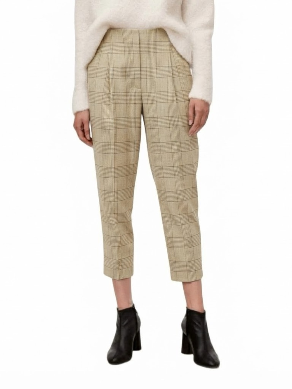 Wilfred| Aritzia| Beige & Cream Wool Chambery Plaid Cropped Tailored Pants Sz 00